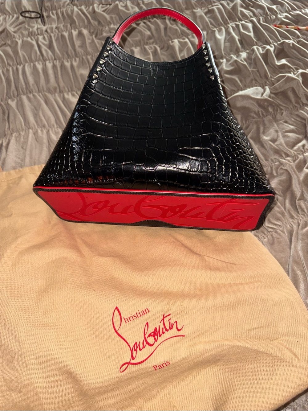 Christian Louboutin Black Croc-Embossed Tote with Red Trim